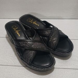 Cole Haan black snake print open toe wedges platforms woman sandals size 6.5